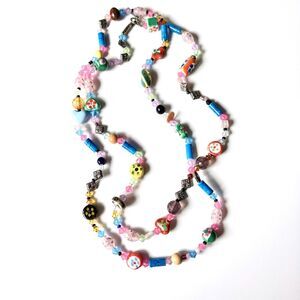 Dolled Up Colorful Glass Beaded Long Necklace, Girly, Fun, Childlike, eclectic